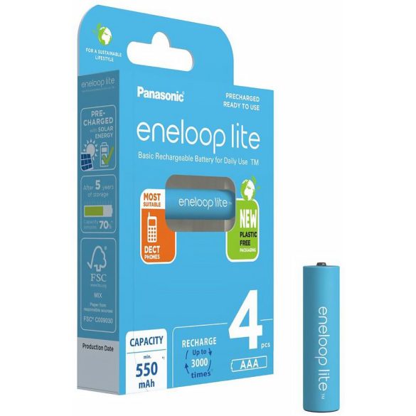 Panasonic Eneloop Lite 550mAh (AAA / R03) Mikró Újratölthető Elem / Ni-MH Akkumulátor (4db)