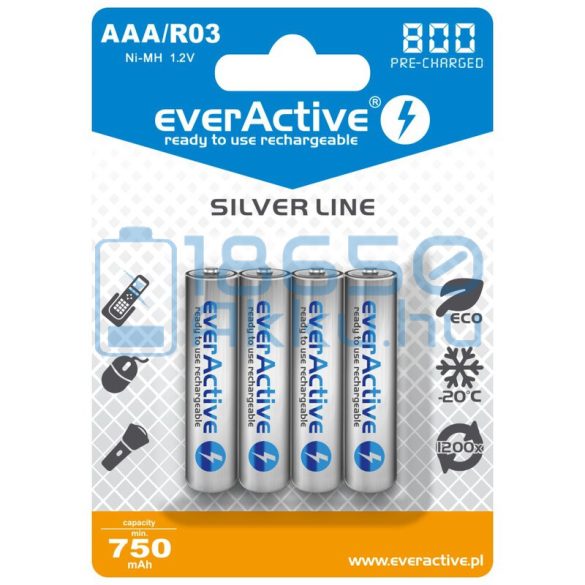 EverActive Silver 800 750mAh (AAA / R03) Mikró Újratölthető Elem / Ni-MH Akkumulátor (4db)