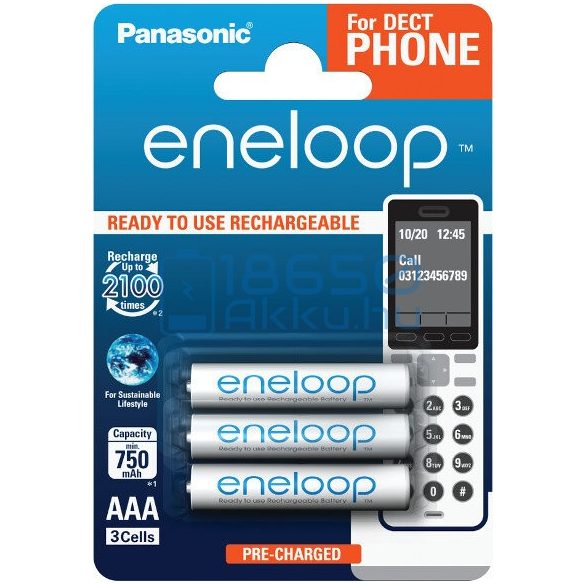 Panasonic Eneloop 750mAh (AAA / R03) Mikró Újratölthető Elem / Ni-MH Akkumulátor (3db) (Dect)
