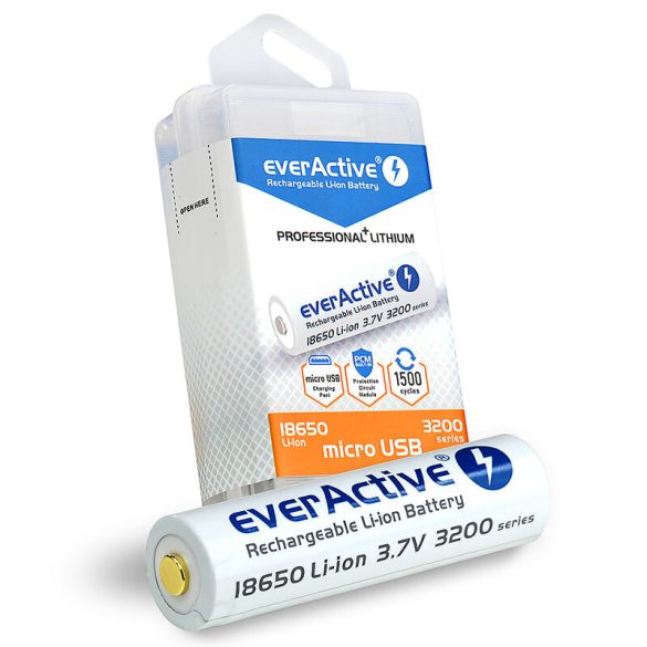 EverActive Professional 18650 3100mAh 12A USB Akkumulátor + Micro USB Töltőkábel + Box