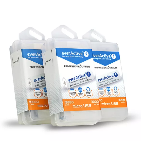 EverActive Professional 18650 3100mAh 12A USB Akkumulátor + Micro USB Töltőkábel + Box