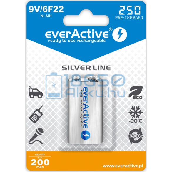 EverActive Silver 250 200mAh 6F22 9V Újratölthető Elem / Ni-MH Akkumulátor