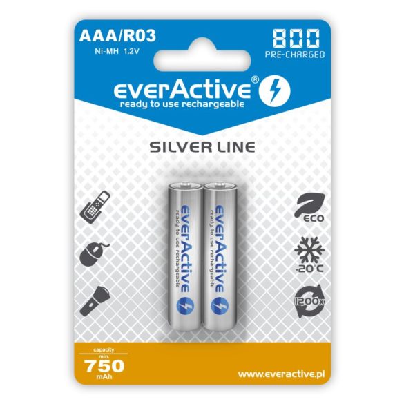 EverActive Silver 800 750mAh (AAA / R03) Mikró Újratölthető Elem / Ni-MH Akkumulátor (2db)
