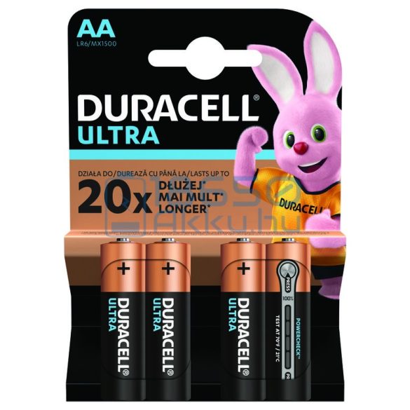 Duracell Ultra Powercheck Alkáli Tartós (AA / LR6 / MX1500) Ceruza Elem (4db)