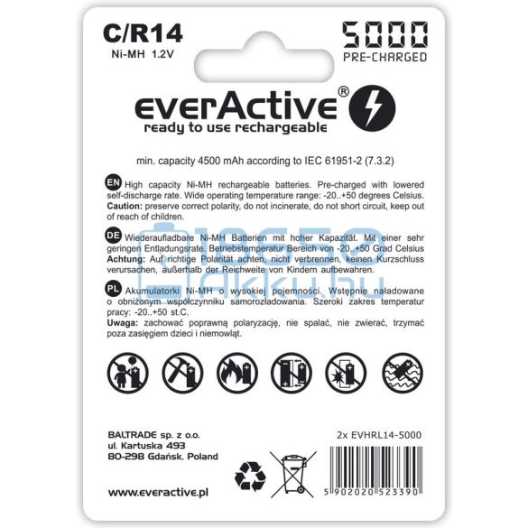 EverActive Professional 5000 4500mAh (C / R14) Baby Újratölthető Elem / Ni-MH Akkumulátor (2db)