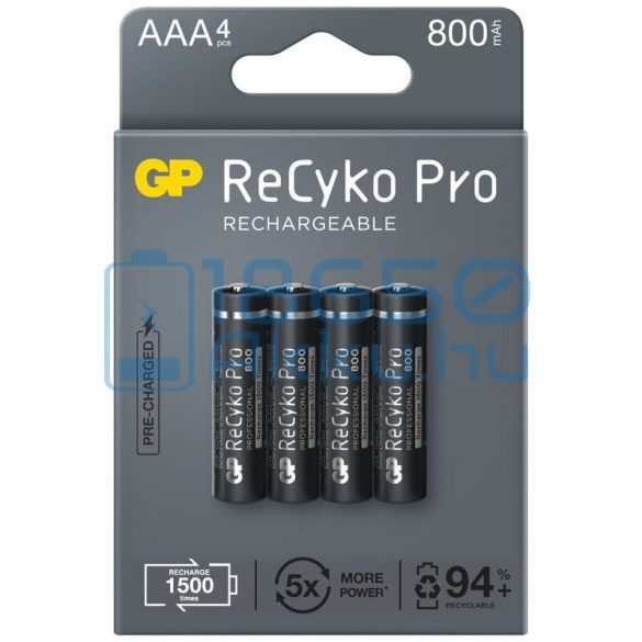 GP ReCyko Pro 800mAh (AAA / R03) Mikró Újratölthető Elem / Ni-MH Akkumulátor (4db)