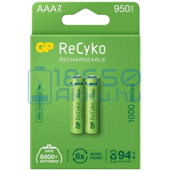 GP ReCyko 1000 950mAh (AAA / R03) Mikró Újratölthető Elem / Ni-MH Akkumulátor (2db)