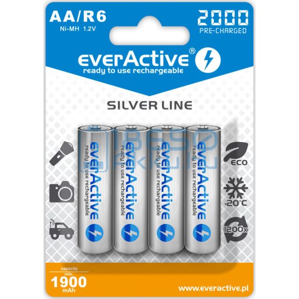 EverActive Silver 2000 1900mAh (AA / R6) Ceruza Újratölthető Elem / Ni-MH Akkumulátor (4db)