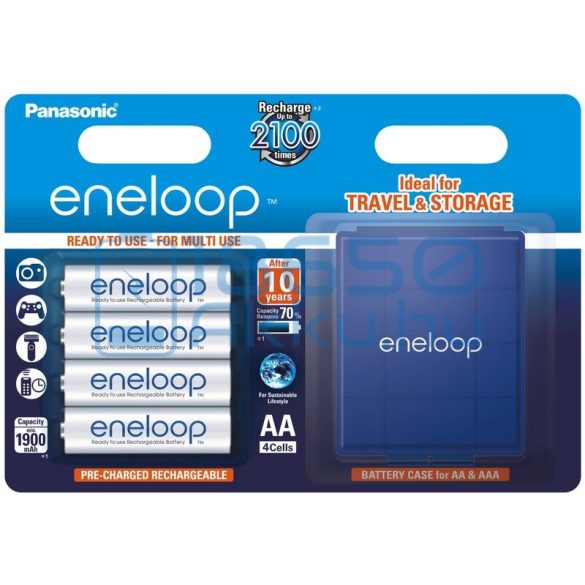 Panasonic Eneloop 1900mAh (AA / R6) Ceruza Újratölthető Elem / Ni-MH Akkumulátor (4db) + Box