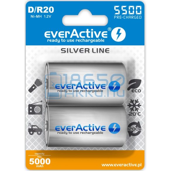 EverActive Silver 5500 5000mAh (D / R20) Góliát Újratölthető Elem / Ni-MH Akkumulátor (2db)