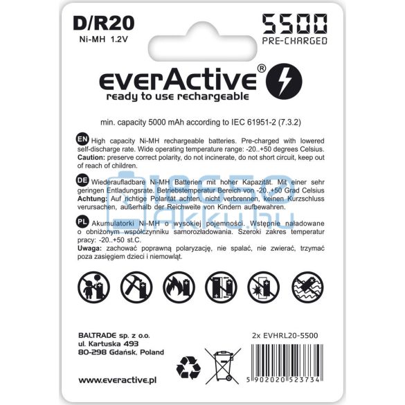 EverActive Silver 5500 5000mAh (D / R20) Góliát Újratölthető Elem / Ni-MH Akkumulátor (2db)