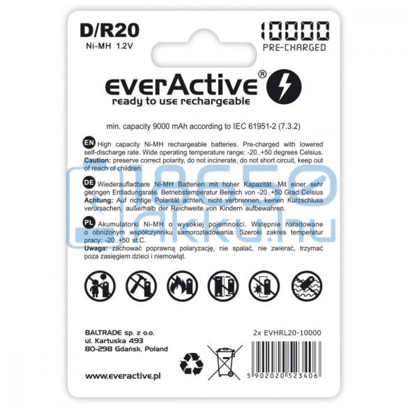 EverActive Professional 10000 9000mAh (D / R20) Góliát Újratölthető Elem / Ni-MH Akkumulátor (2db)