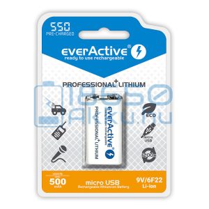 EverActive Professional 550 500mAh 6F22 9V Újratölthető Elem / Li-Ion Akkumulátor USB