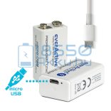 EverActive Professional 550 500mAh 6F22 9V Újratölthető Elem / Li-Ion Akkumulátor USB