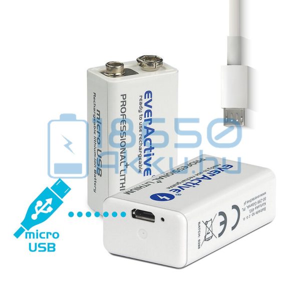 EverActive Professional 550 500mAh 6F22 9V Újratölthető Elem / Li-Ion Akkumulátor USB