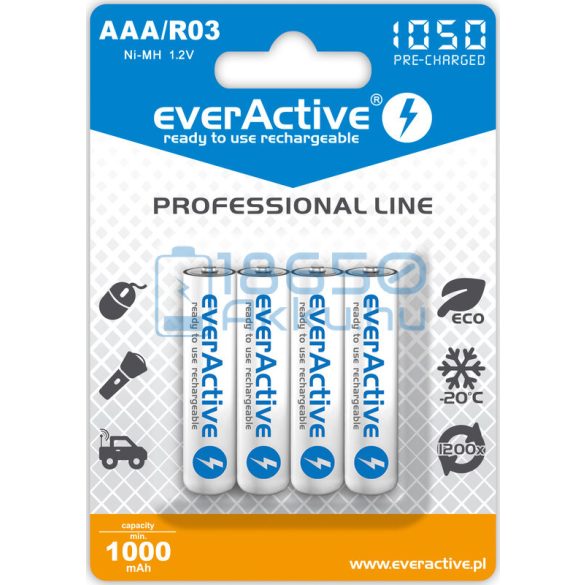 EverActive Professional 1050 1000mAh (AAA / R03) Mikró Újratölthető Elem / Ni-MH Akkumulátor (4db)