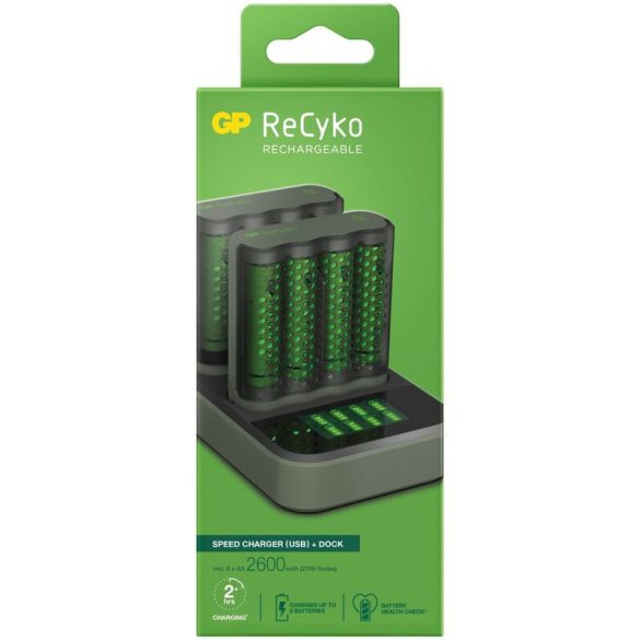 GP ReCyko M451 USB Speed Charger Ni-MH Akkumulátor Töltő + 2db D851 Charger Dock + 8db 2600mAh (AA / R6) Ceruza Újratölthető Elem