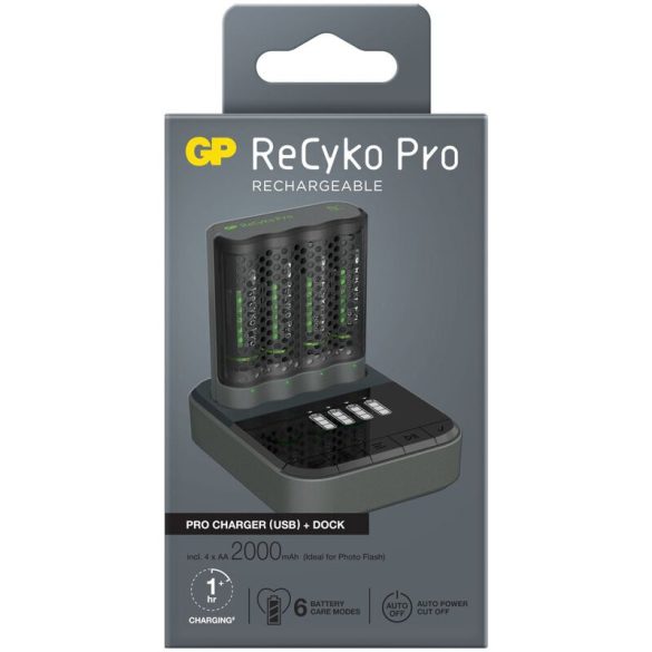 GP ReCyko Pro P461 USB Pro Charger Ni-MH Akkumulátor Töltő + D461 Charger Dock + 4db 2000mAh (AA / R6) Ceruza Újratölthető Elem