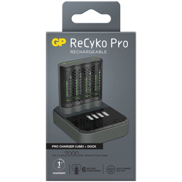 GP ReCyko Pro P461 USB Pro Charger Ni-MH Akkumulátor Töltő + D461 Charger Dock + 4db 2000mAh (AA / R6) Ceruza Újratölthető Elem